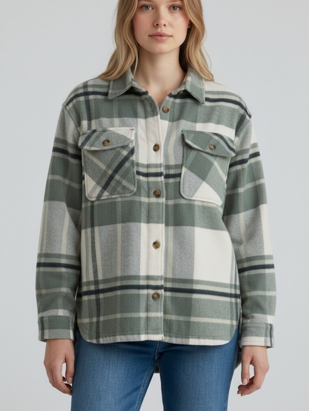Banana Republic Sage Green and Cream Plaid Utility Shacket